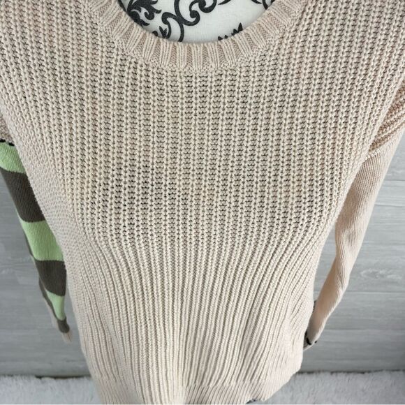 Lisa Todd Striped Sleeve Cotton Blend Crewneck Knit Sweater - Picture 2 of 7